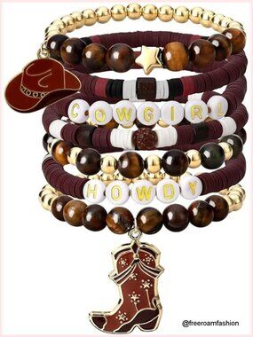 7pcs Western Cowgirl Bracelets, Rainbow Clay Beaded Bracelet, Vintage Bohemian
